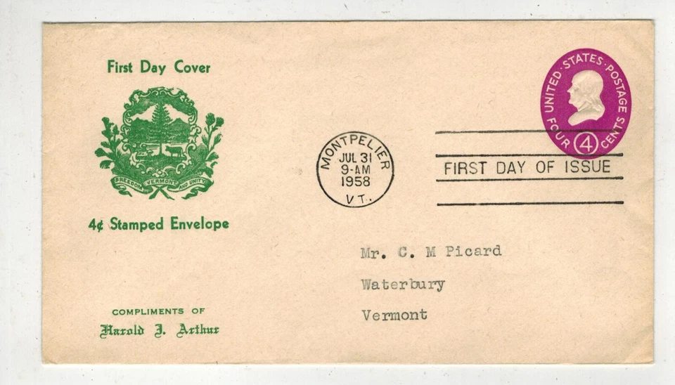 1958 EMBOSSED ENVELOPE FDC U536 BEN FRANKLIN & 1ST HAROLD ARTHUR CACHET - Image 1 of 1