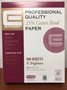 Pen-Tab Expert 25% Cotton Business Resume Print Paper 8.5" x 11" 20 lb White 500 - Picture 1 of 3