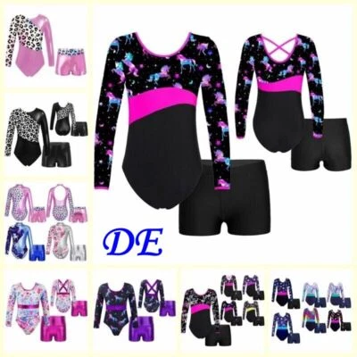 DE iEFiEL Kinder Turnanzug Langarm Gymnastik Trikot mit Short Set Tanzbekleidung