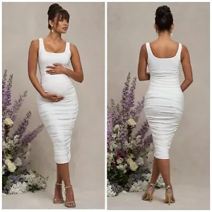 Club L London LISBON WHITE MATERNITY SQUARE NECK RUCHED MIDI DRESS Size 10 New - Picture 1 of 10