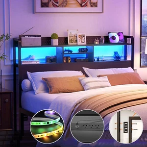 Headboard with Storage Shelf and RGB LED Lights and Power Outlets, Stable, Black - Picture 1 of 15