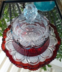 Vintage STUNNER! BUTTER or CHEESE DOME - Ornate Clear Glass with Ruby Edge Bands - Picture 1 of 10