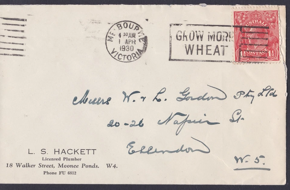 1930 KING GEORGE V 1 1/2d PRE-DECIMAL STAMP L.S. HACKETT COMMERCIAL COVER #B170 - Image 1 of 1