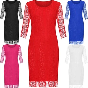 Women 3/4Sleeve Floral Lace Lined Midi Dress Ladies Round Neck Knee Long Dresses - Picture 1 of 11
