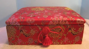 Vintage PADDED FABRIC ORIENTAL RED SEWING/JEWLERY BOX  11 X 9"   VELVET LINING - Picture 1 of 13