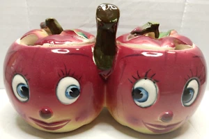 PY Miyao [Japan] Anthropomorphic Apple Face Twin Jam / Condiment Pots / Caddy - Picture 1 of 14
