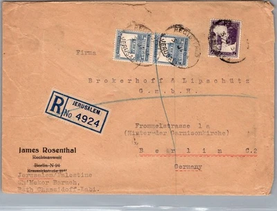 Cubierta de correo registrado Jerusalén Palestina 1934 a Berlín Alemania Foto 1 de 2