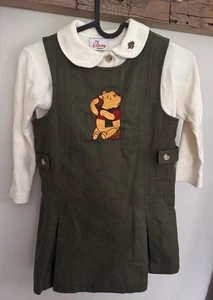 Vtg Disney Store Girls Winnie The Pooh Olive Tweed Embroidered Jumper Dress 4 5 - Picture 1 of 8