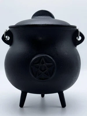 X-Large Pentagram Pentacle Cast Iron Cauldron with Lid and Handle, 7.5" Cauldron - Image 1 of 4