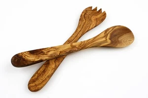 Olive Wood Salad Server Set - 12 Inch Wooden Tongs - Rustic French Style - Picture 1 of 8
