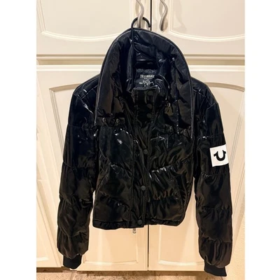 True Religion Women’s Black Shiny Puffer Jacket Size L – Logo Sleeve - Image 1 of 4