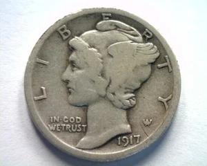 1917 MERCURY DIME VERY GOOD VG NICE ORIGINAL COIN BOBS COINS FAST 99c SHIPMENT - Picture 1 of 2