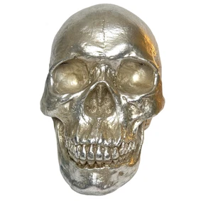 Human Skull Life Size Silver Metallic Decoration Prop Halloween Horror Movie - Picture 1 of 8