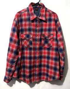 VTG 80s Wrangler Red Navy Blue Plaid Pearl Snap Flannel Quilted Shirt Jacket XL - Picture 1 of 7