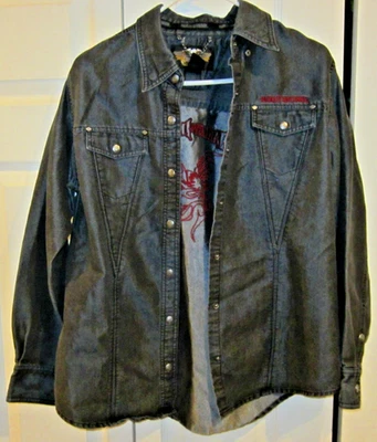 Womens HARLEY DAVIDSON Black Shiny Denim Biker Jean Jacket Size Ladies Large - Image 1 of 4