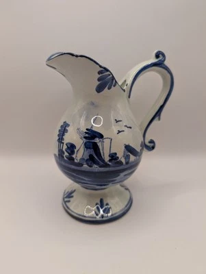 Vintage Delft Holland Hand Painted Small Blue and White Pitcher Windmill Design  - Image 1 of 4