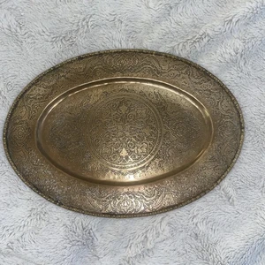 BANDEJA METÁLICA COBRE GRABADA PERSA ESTILO QAJAR SIGLO XX 14 PULGADAS ¡RARA! - Imagen 1 de 20
