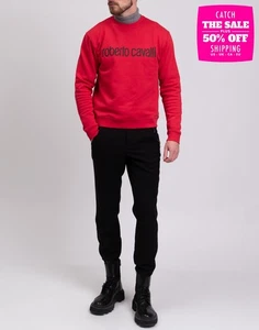 RRP€645 ROBERTO CAVALLI Pullover Sweatshirt Size M Red Coated Logo Crew Neck - Imagen 1 de 11