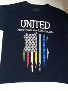 American Flag Stripe Military Police EMS Fire United Heroes Boys S T-Shirt EUC - Picture 1 of 6