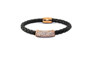 Women's Rose Gold Bar Leather Bracelet Black - Picture 1 of 4
