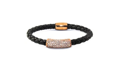 Pulsera de cuero con barra de oro rosa negra para mujer Foto 1 de 4