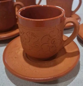 Espresso Coffee Cups x5 Terracotta Clay Handmade 'Moses' Cyprus Floral Vintage  - Picture 1 of 11