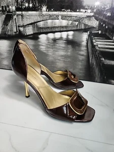 Tahari Brown Sheen Patent Leather 3.8"heels Slip-On Open Toe Shoes 9.5M - Picture 1 of 9