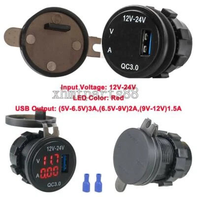 12-24V QC3.0 1 Port USB Car Charger Fast USB Socket Outlet + Red LED Volt Meter - Image 1 of 4