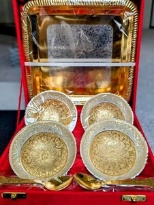 Gold & Silver Plated Brass Bowl Holiday Gift Set of 4 w/ Spoon and Tray - Picture 1 of 3