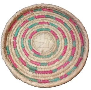 Vintage Woven Coil Basket Tray Approximately 10 1/4 Inches Pink & Teal - Picture 1 of 6