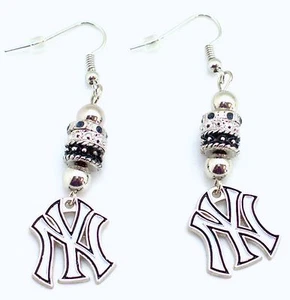 New York Yankees Dangle Earrings (Euro Bead) Licensed MLB Baseball Jewelry - Picture 1 of 3