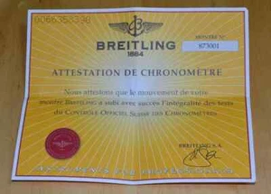 BREITLING Attestation de Chronomètre ZERTIFIKAT CHRONOMETER 873001 FRANZÖSISCH OEM - Bild 1 von 5