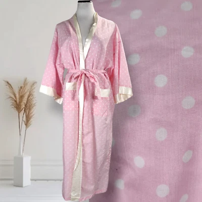 Bata vintage borde satinado talla L rosa lunares longitud media mezcla algodón kimono Foto 1 de 4