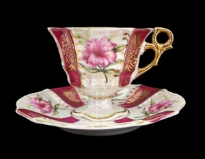 Vintage 1950s Japanese Purple Flower Lusterware Teacup Saucer Set gold handle - Picture 1 of 9