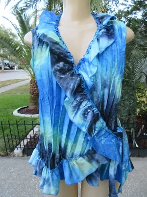 Piano Women’s Top L Blue Green Crinkle Pleated Ruffle Wrap Sleeveless Blouse Foto 1 de 4