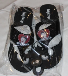 NUEVO BETTY BOOP MUJER NEGRO CHANCLAS TANGA CUÑAS BRILLANTES ESTRÁS CORAZÓN ROJO - Imagen 1 de 8