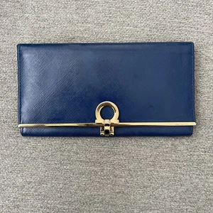 Salvatore Ferragamo Continental Wallet. Blue And Gold. Genuine Leather. Vintage - Picture 1 of 11