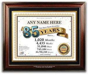 PERSONALISIERTE HAPPY 85. GEBURTSTAG URKUNDE / KARTE - 85 Jahre alt - GESCHENK GESCHENK - Bild 1 von 2