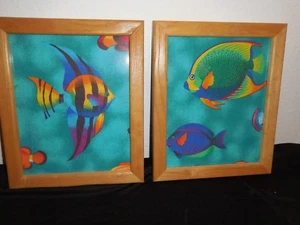 Framed Silk Screened Tropical Fish on Cloth Home Decor - Picture 1 of 5