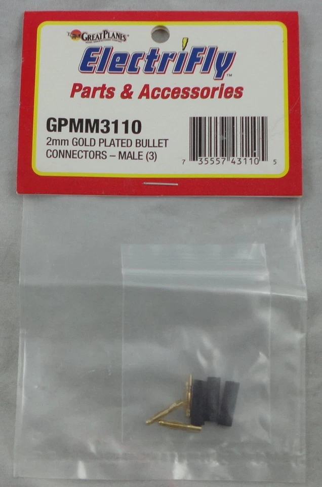 Пулевые разъемы Great Planes Electrifly 2 мм позолоченные штекерные (3 шт.) GPMQ3110 - Изображение 1 из 1