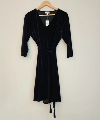 J Jill Velvet Wrap Dress Womens M Petite Black Stretch Occasion Date LBD New - Image 1 of 4