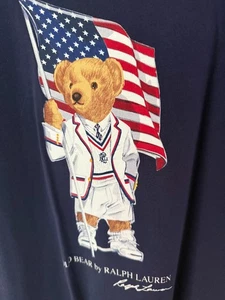 VTG Polo Ralph Lauren Patriotic Bear American Flag Logo Mens L Blue Polo Shirt - Picture 1 of 4