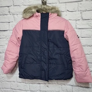 Tommy Hilfiger Mädchen M 8/10 Puffer Jacke Mantel rosa blau Kunstfell Kapuze Reißverschluss - Bild 1 von 11