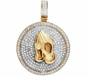 Genuine Diamond 10K Yellow Gold Praying Hand Medallion Pendant Charm 3/5CT 1.3" - Picture 1 of 7