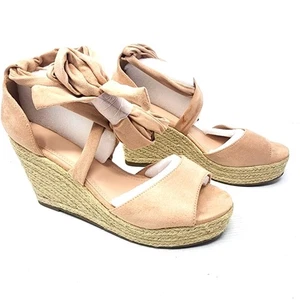 New Blush Pink Espadrille Wedge Sandals Suede Ankle Tie Platforms Size 9.5 - Picture 1 of 8
