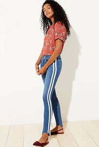 LOFT Modern Skinny Side Stripe Jeans Womens 4 Denim Blue 27 Raw Frayed Hem Ankle - Picture 1 of 12