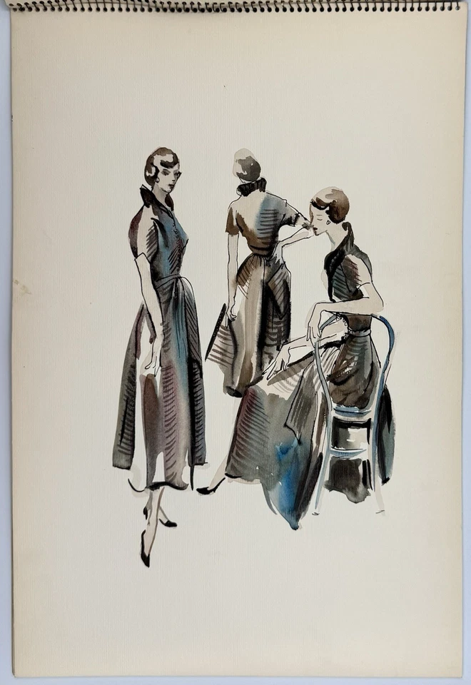 Original Rare Vintage Fashion Illustration Vogue Early 1950's Ink Paper OOAK - Image 1 of 1