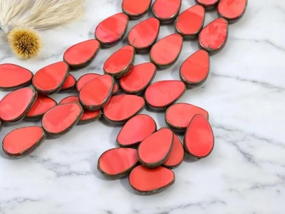 12x18mm Coral Red Picasso Table Cut Flat Teardrop Czech Glass Beads 8 Beads - Image 1 of 4