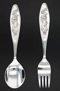 Girl Grooming Horse Elk Child's Spoon Fork Set Sterling Silver Period Figural - Picture 1 of 10