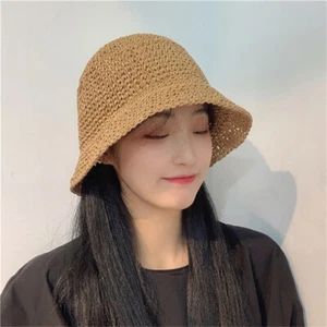 Vacation Summer Straw Beach Hat Hand-woven Bucket Fisherman Hat Sunscreen Hats - Picture 1 of 14